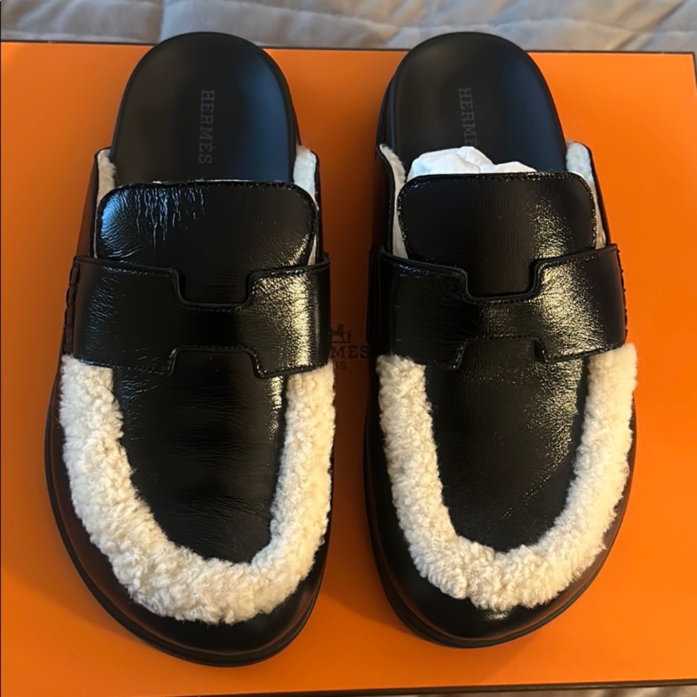 Hermes Glazed Nappa Shearling Shearling Go Mules